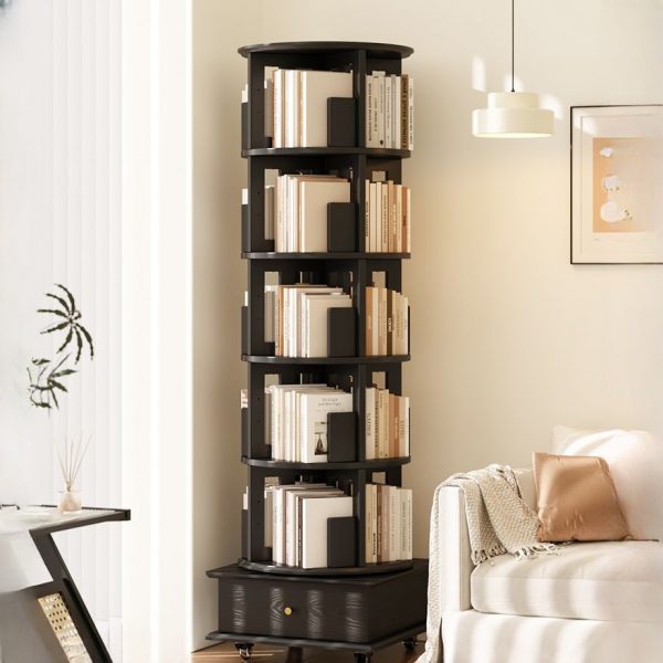 "Rotating Standard Children's Bookshelf with Roller Wheels, Drawer, Multiple Shelves, Vertical Orientation, Closed Back, Wood"