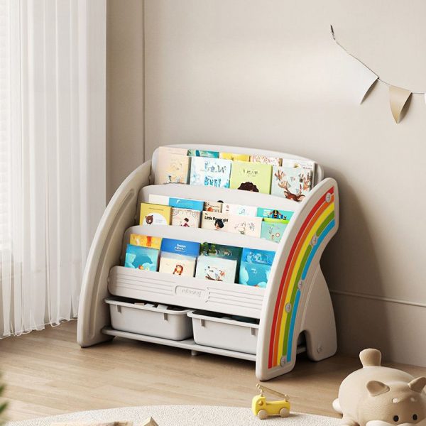 "Modern Kids Bookshelf Display Rack with 4 Shelves, Horizontal Orientation, Closed Back, Plastic Material, Free Standing"