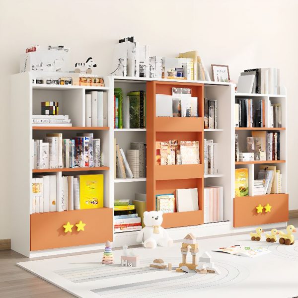 "Modern Standard Children's Bookshelf, 6/7 Shelves, Vertical, Wood with 2/3/4 Doors, Closed Back, Free Standing"