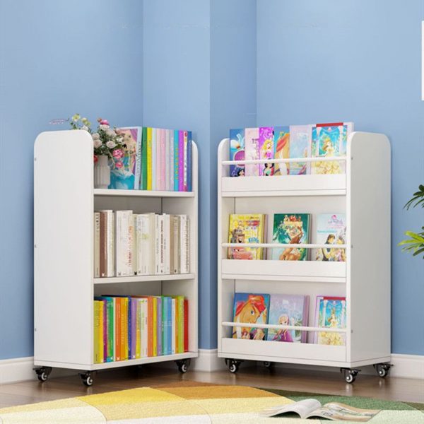 "Standard Children's Bookshelf with Roller Wheels, 4/3 Shelves, Vertical Orientation, Closed Back, Wood Material, Scratch-tolerant"