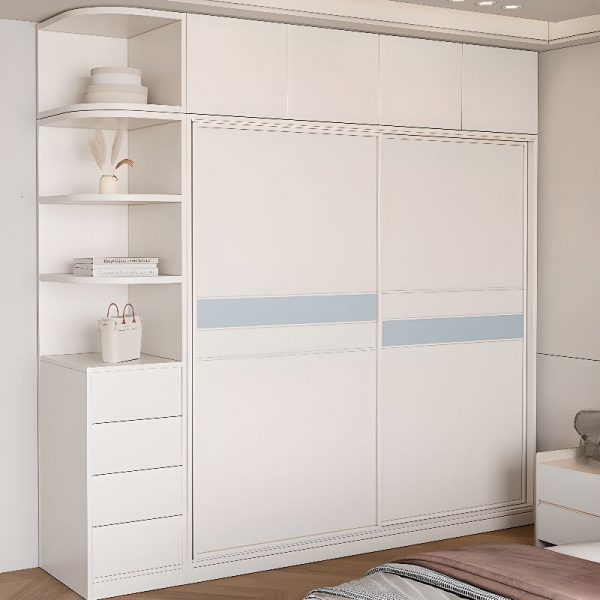 "Elegant White Children's Wardrobe with Lumber Construction, Shelf, Drawer, Clothing Rod, and Door"