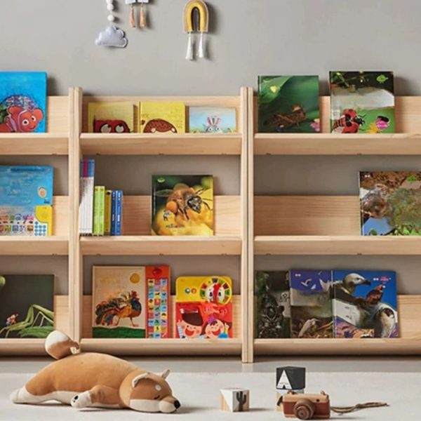 "Natural Finish Modern Standard Children's Bookshelf with 2-3 Shelves, Versatile Orientation, Closed Back, Wood Material, Free Standing"