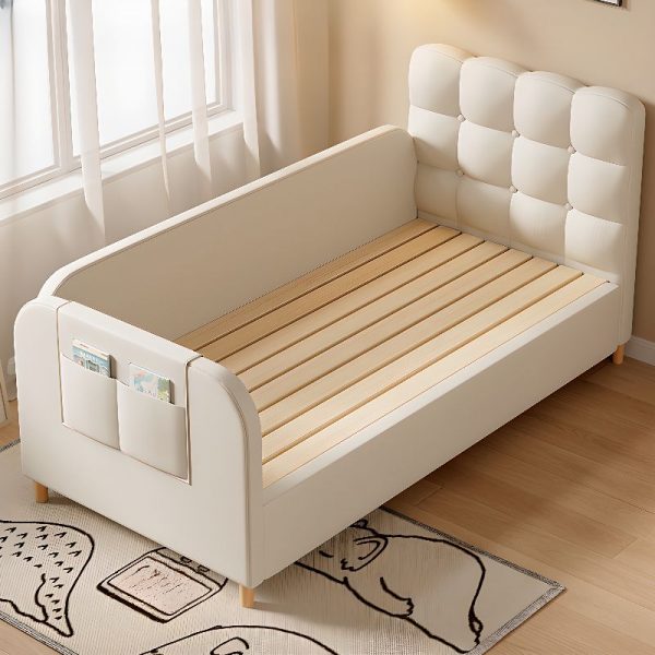 "Elegant White Faux Leather Pine Wood Standard Kids Bed with Latex Mattress, Headboard & Guardrail, Gender Neutral"
