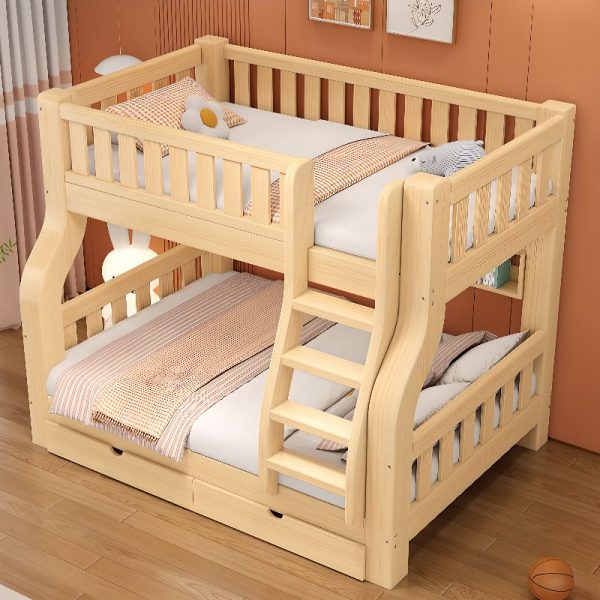 "Wood Grain Kids Bunk Bed with Cotton Upholstery, 2 Underbed Drawers, Ladder, Guardrail, and Multiple Mattress Sizes"