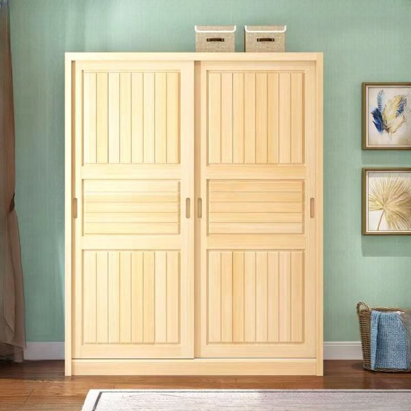 "Tan Pine Wood Children's Wardrobe with Shelf, Clothing Rod, and Door"