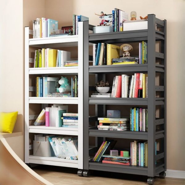 "Modern Standard Children's Bookshelf with Fire-safe Iron Shelves, 5 or 4 Shelves, Vertical Orientation, Open Back"