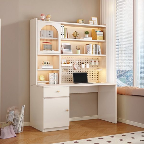 "Grey/White Wood Kids Computer Desk with Storage, Compartment, 2 Cabinets & 4 Shelves"