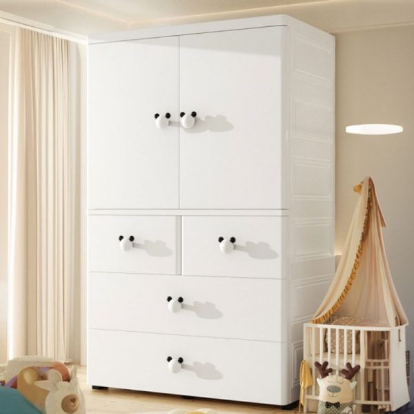 "White Synthetic Material Children's Wardrobe with Animal Theme, Shelf, Clothing Rod, and Door"