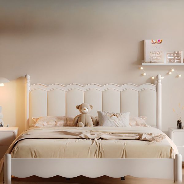 "White Simple Style Pine Wood Standard Kids Bed with Faux Leather, Headboard, Gender Neutral"
